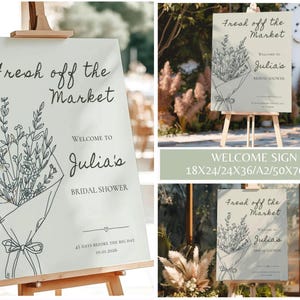 A wooden easel holding a large welcome sign for a bridal shower with floral bouquet line art.