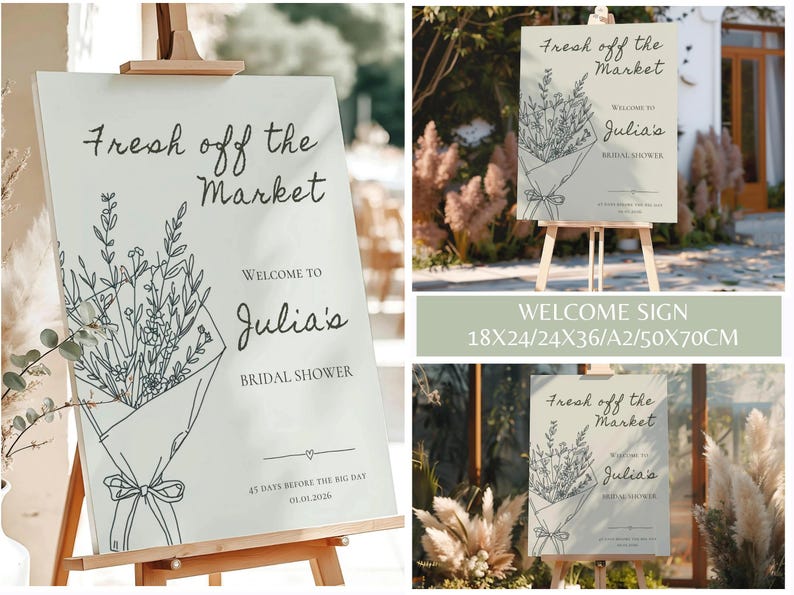 A wooden easel holding a large welcome sign for a bridal shower with floral bouquet line art.