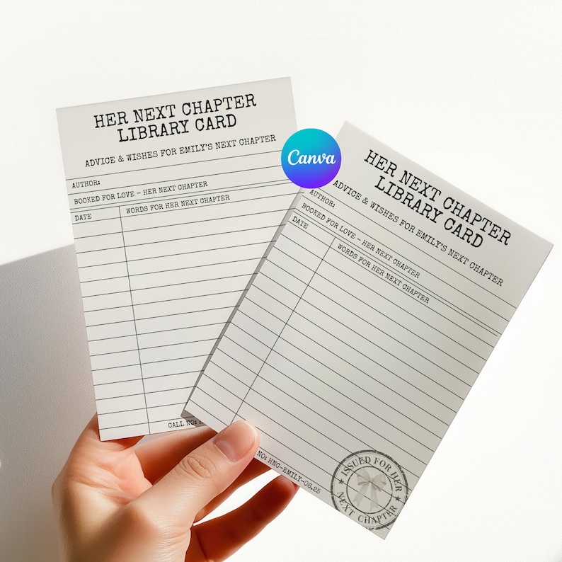 A hand holds up two cream-colored library card bridal shower templates against a white background.