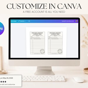 A desktop computer displays a Canva editing screen showing two library card templates.