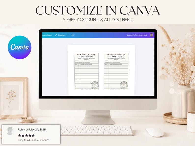 A desktop computer displays a Canva editing screen showing two library card templates.