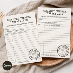 Her Next Chapter Library Card Advice and Wishes for the Bride – Book Themed Bridal Shower, Editable Canva Template 4x6 & 5x7