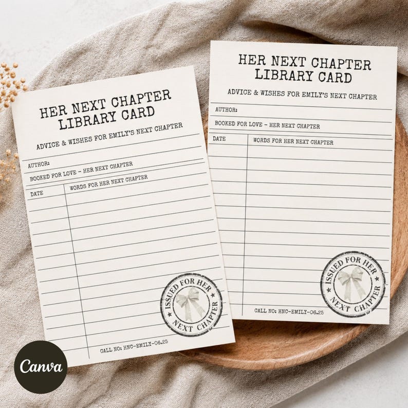 Two printed library card advice templates rest on a wooden surface against a fabric backdrop.