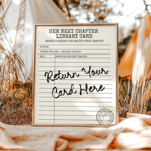 Her Next Chapter Library Card Sign, Book Themed Bridal Shower Decor (Editable Canva)