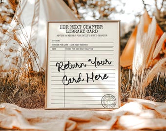 Her Next Chapter Library Card Sign, Book Themed Bridal Shower Decor (Editable Canva)