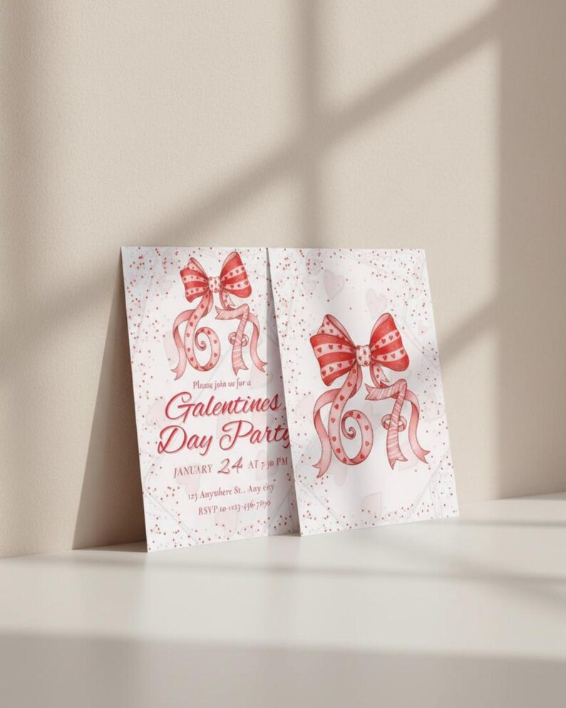 May include: Two Valentine's Day party invitations. Each card features a watercolor illustration of a red bow with patterned details and flowing ribbons. The text on the card reads "Galentines Day Party" and includes the date and time.