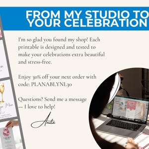 A promotional graphic showing a laptop open to a design template on the right and several vertical pink stationery cards stacked on the left, with text in the center reading From my studio to your celebration and featuring a discount code.