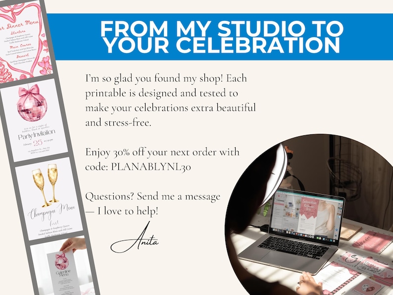 A promotional graphic showing a laptop open to a design template on the right and several vertical pink stationery cards stacked on the left, with text in the center reading From my studio to your celebration and featuring a discount code.