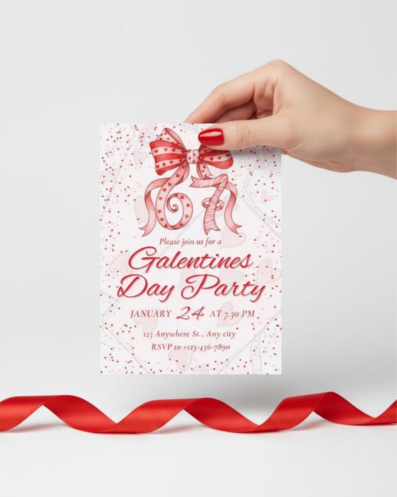May include: A Galentine's Day Party invitation card held by a hand. The card features a red bow and ribbon design with the text "Galentine's Day Party" and event details. A red ribbon is at the bottom.