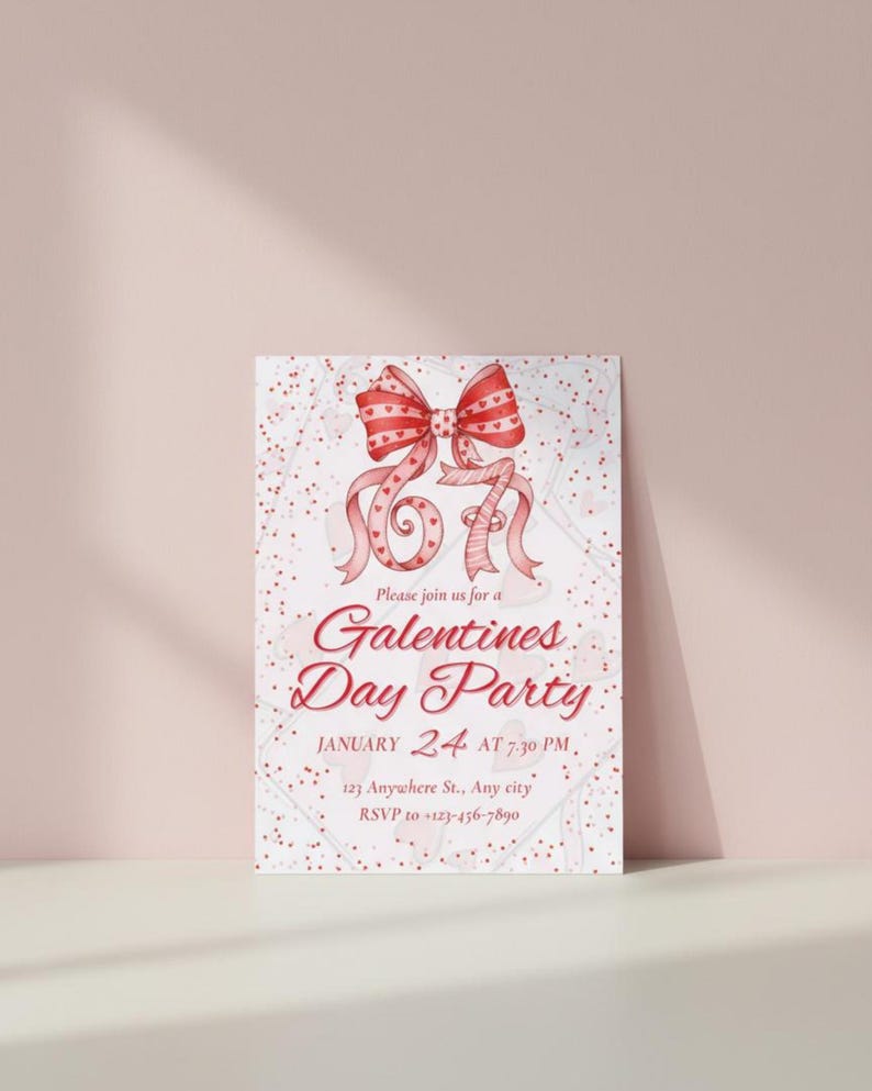 May include: A Galentine's Day Party invitation with a red bow and ribbon design. The invitation includes the text "Galentine's Day Party" and event details: January 24 at 7:30 PM, with an address and RSVP information.