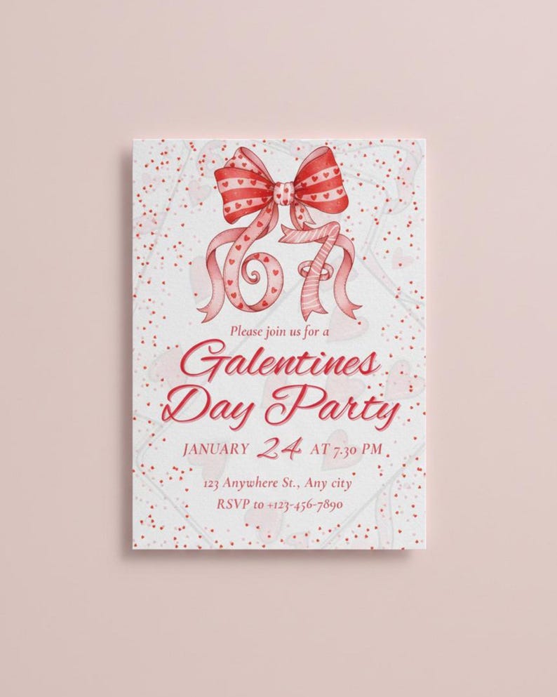 May include: A Galentine's Day Party invitation with a watercolor design. The invitation features a red bow with heart details, and the text "Galentine's Day Party" in a script font. The date and time are also included.