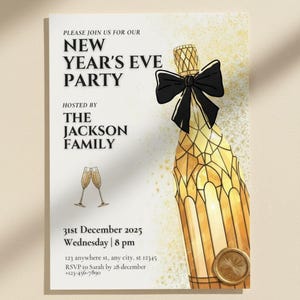 May include: New Year's Eve party invitation with a champagne bottle illustration. The invitation includes the text "New Year's Eve Party" and details such as the date, time, and RSVP information. The design features a black bow and gold accents.