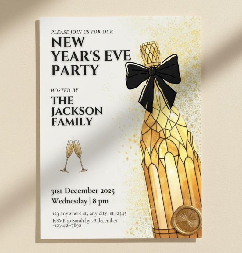 May include: New Year's Eve party invitation with a champagne bottle illustration. The invitation includes the text "New Year's Eve Party" and details such as the date, time, and RSVP information. The design features a black bow and gold accents.
