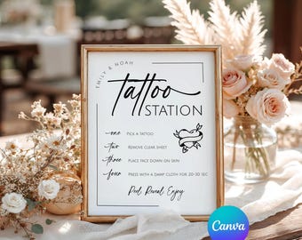 Plantilla para letrero de estación de tatuajes para bodas, mesa de recuerdos de bar temporal, plantilla editable de Canva, descarga digital