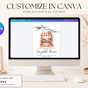 Puede incluir: Una plantilla de invitaci&oacute;n digital en un monitor de computadora con el texto "appley EVER after" y una ilustraci&oacute;n de un puesto de manzanas. El dise&ntilde;o incluye espacio para detalles del evento, el nombre Elizabeth Brooks y la fecha.