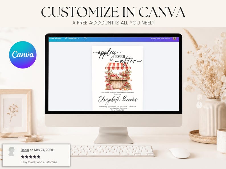 Puede incluir: Una plantilla de invitaci&oacute;n digital en un monitor de computadora con el texto "appley EVER after" y una ilustraci&oacute;n de un puesto de manzanas. El dise&ntilde;o incluye espacio para detalles del evento, el nombre Elizabeth Brooks y la fecha.