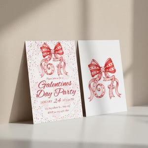 May include: Two cards with a Galentine's Day Party theme. One card has the text "Galentine's Day Party" with the date and time. Both cards feature a red bow with heart details and ribbon.