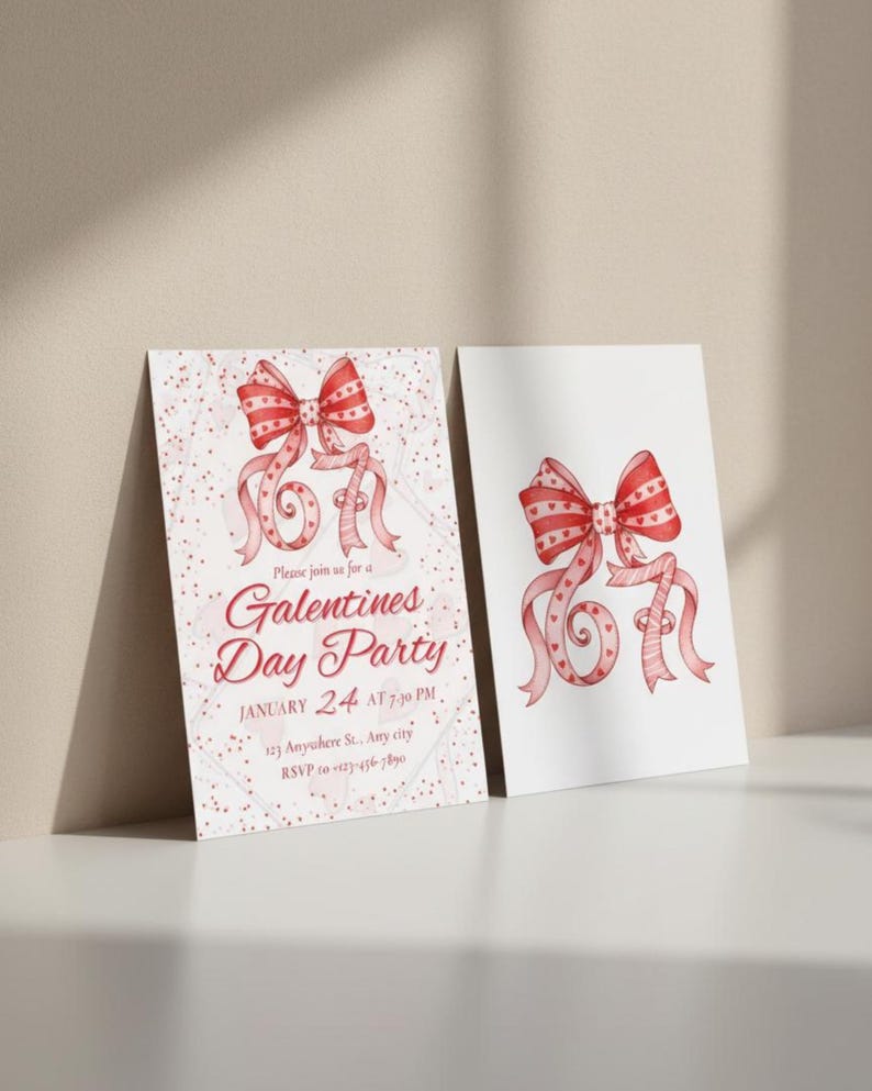 May include: Two cards with a Galentine's Day Party theme. One card has the text "Galentine's Day Party" with the date and time. Both cards feature a red bow with heart details and ribbon.