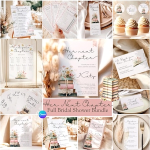 Her Next Chapter Bridal Shower Bundle, Editable Canva Template Set, Invitation Menu Welcome Sign Games, Book Theme Brunch Decor