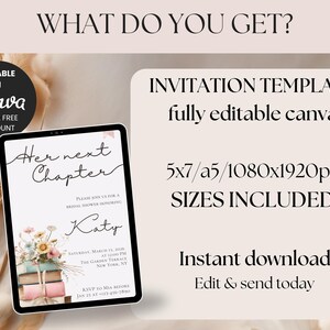 Puede incluir: Plantilla de invitaci&oacute;n digital para un baby shower, que muestra el texto "Her next Chapter" en una tableta. El dise&ntilde;o incluye elementos florales y es editable en Canva. Tama&ntilde;os: 5x7, A5 y 1080x1920px.