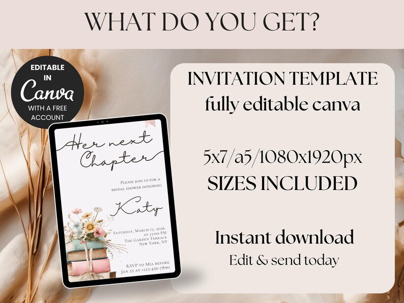 Puede incluir: Plantilla de invitaci&oacute;n digital para un baby shower, que muestra el texto "Her next Chapter" en una tableta. El dise&ntilde;o incluye elementos florales y es editable en Canva. Tama&ntilde;os: 5x7, A5 y 1080x1920px.
