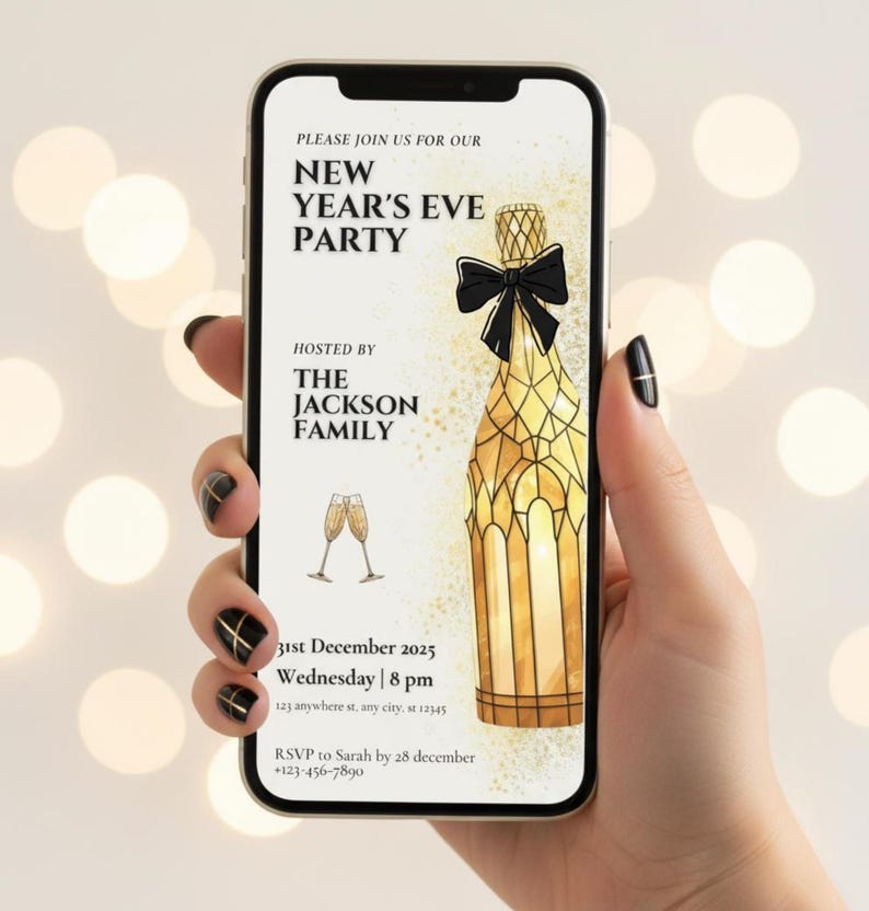 May include: A smartphone displays a New Year's Eve party invitation. The design features a champagne bottle with a black bow, champagne flutes, and the text "New Year's Eve Party" hosted by the Jackson Family. The date is December 31, 2025.