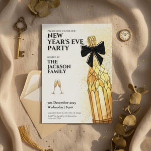 May include: New Year's Eve party invitation featuring a champagne bottle illustration with a black bow. The invitation includes the text "New Year's Eve Party" hosted by the Jackson Family, with date, time, and RSVP details.