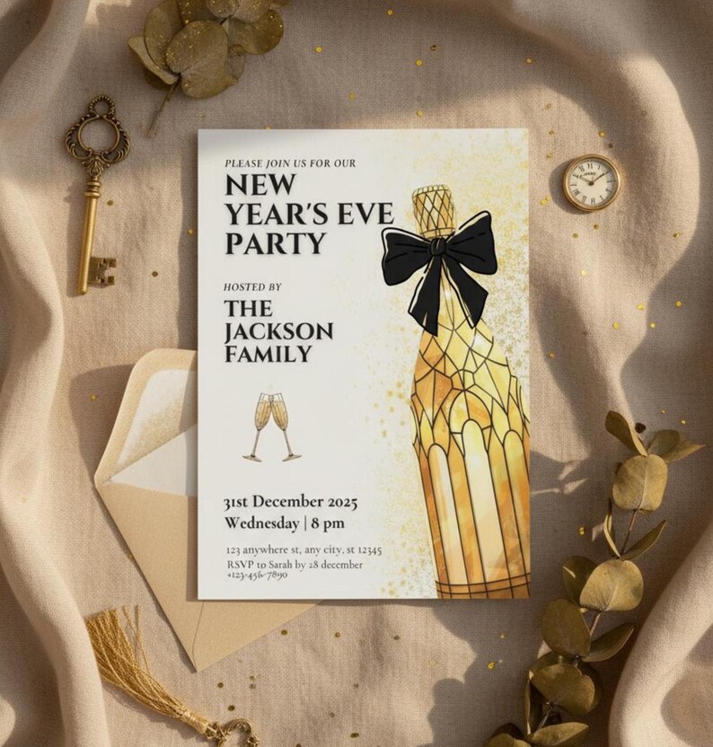 May include: New Year's Eve party invitation featuring a champagne bottle illustration with a black bow. The invitation includes the text "New Year's Eve Party" hosted by the Jackson Family, with date, time, and RSVP details.