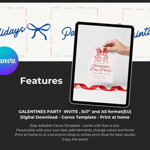 May include: A digital Galentine's Day party invitation template displayed on a tablet. The invitation is held by a hand and features red text and decorative elements. The image includes the Canva logo and the words "Holidays" and "Printables".
