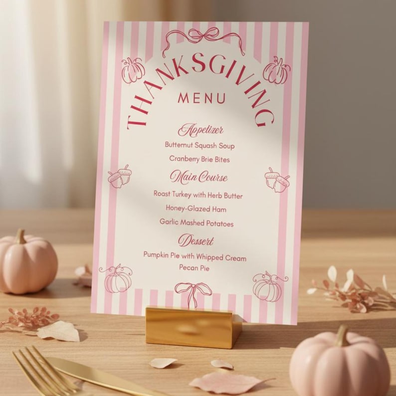 Thanksgiving Menu Template Pink and Cream | Coquette Retro 5x7 Canva Editable  Thanksgiving Dinner Menu Template