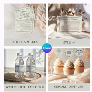 Advice and wishes cards, water bottle labels, and cupcake toppers featuring botanical market designs.