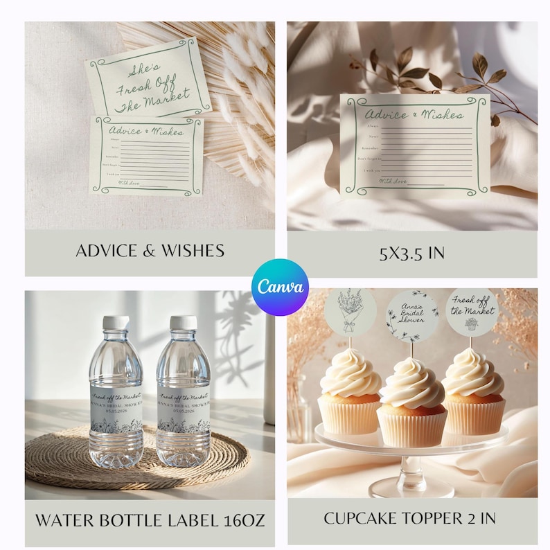 Advice and wishes cards, water bottle labels, and cupcake toppers featuring botanical market designs.