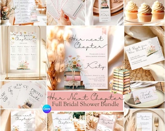 Her Next Chapter Bridal Shower Bundle, Editable Canva Template Set, Invitation Menu Welcome Sign Games, Book Theme Brunch Decor