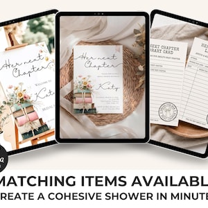 May include: Three digital tablet screens displaying bridal shower stationery templates. The designs feature a stack of books with floral accents and the text Her Next Chapter, Katy, and Library Card. The stationery includes invitation and card layouts.