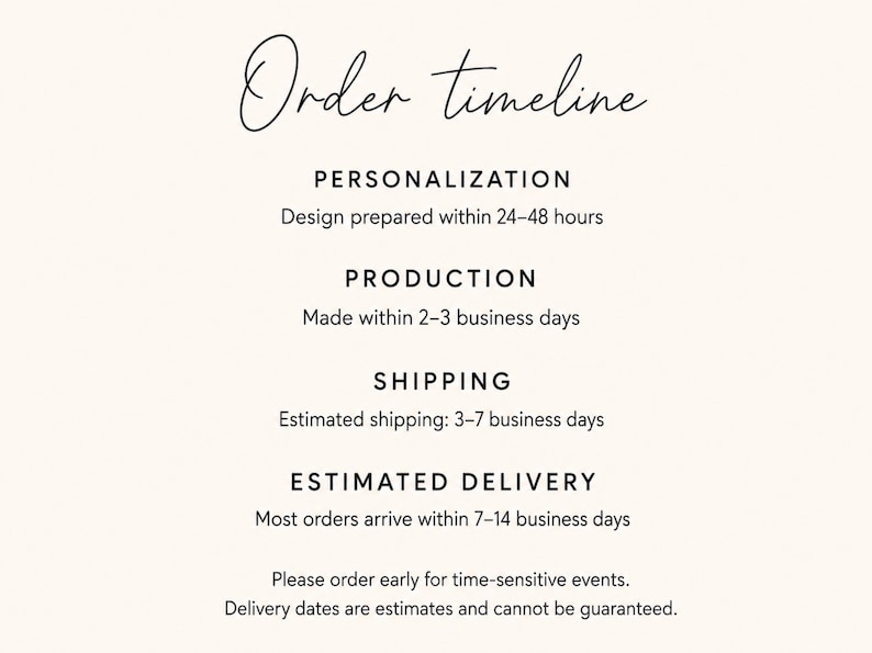 K&ouml;nnte beinhalten: Eine Infografik mit dem Titel Order timeline mit schwarzem Text auf cremefarbenem Hintergrund. Sie listet Schritte auf: Personalisierung in 24-48 Stunden, Produktion in 2-3 Werktagen, Versand in 3-7 Werktagen und voraussichtliche Lieferung in 7-14 Werktagen.