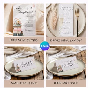 May include: A collection of wedding stationery including a food menu, a drinks menu, a name place card, and a food label. Each item features a stack of books with a floral bouquet and text in black script and serif fonts, measuring 5x7, 4x9, or 3.5x2 inches.