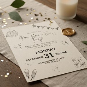 K&ouml;nnte beinhalten: Eine Einladung zur Silvesterparty mit einer Kerze, einem goldenen Wachssiegel und Konfetti. Die Einladung zeigt handgezeichnete Illustrationen und den Text "New Year's Eve Party" mit Datum und Uhrzeit.
