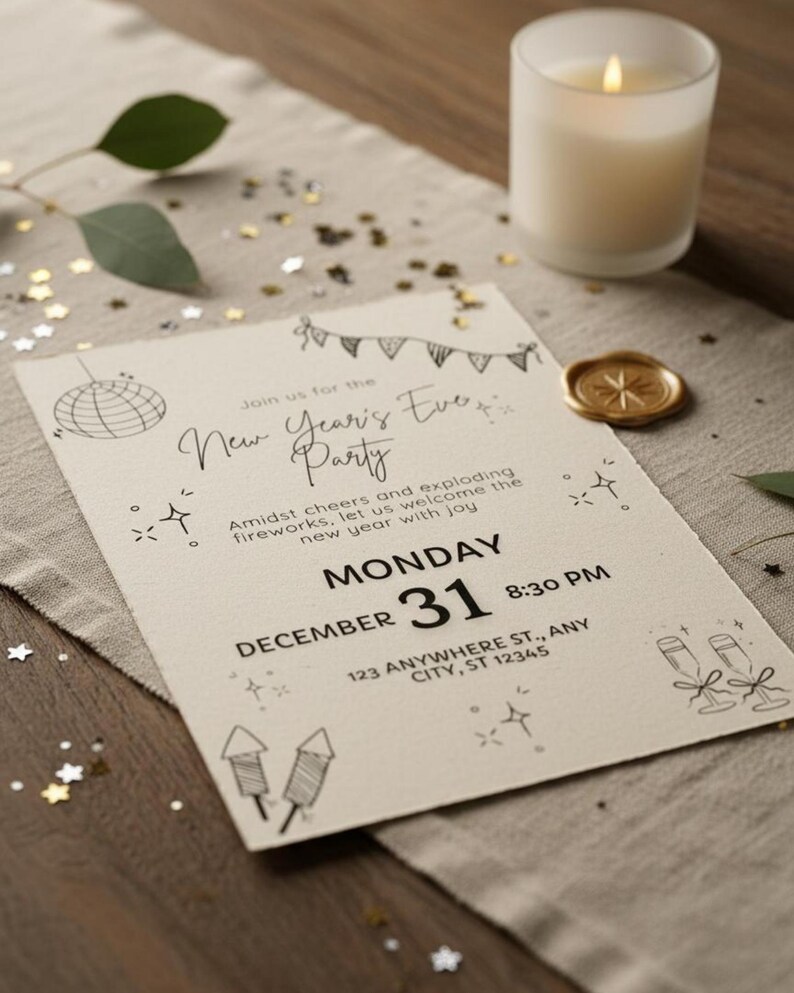 K&ouml;nnte beinhalten: Eine Einladung zur Silvesterparty mit einer Kerze, einem goldenen Wachssiegel und Konfetti. Die Einladung zeigt handgezeichnete Illustrationen und den Text "New Year's Eve Party" mit Datum und Uhrzeit.