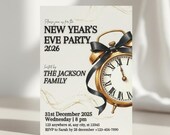 New Year's Eve Luxury Invitation, Black Gold Invite Clock Design, Elegant 2026 Party Invite for Upscale NYE Celebrations, Evening Events