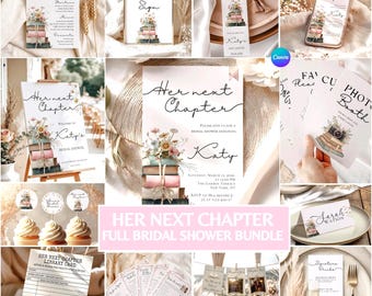 Ihr nächstes Kapitel Brautdusche Bundle, bearbeitbares Canva Vorlagen Set, Einladungsmenü Willkommensschild Spiele, Buchthema Brunch Dekor