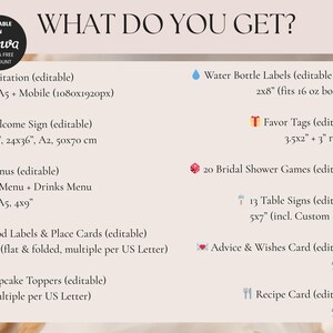 Informational graphic detailing bundle contents including editable invitations, welcome signs, menus, and games.