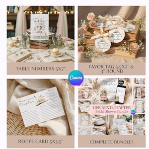 May include: A bridal shower stationery bundle featuring a 5x7 inch table number card, 3.5x2 inch and 3 inch round favor tags with the text Cheers to Her Next Chapter, and a 5x3.5 inch recipe card with the text Her Next Chapter.