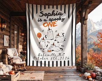 Spooky One Birthday Halloween Banner, Ghost Cat Pumpkin Party Backdrop