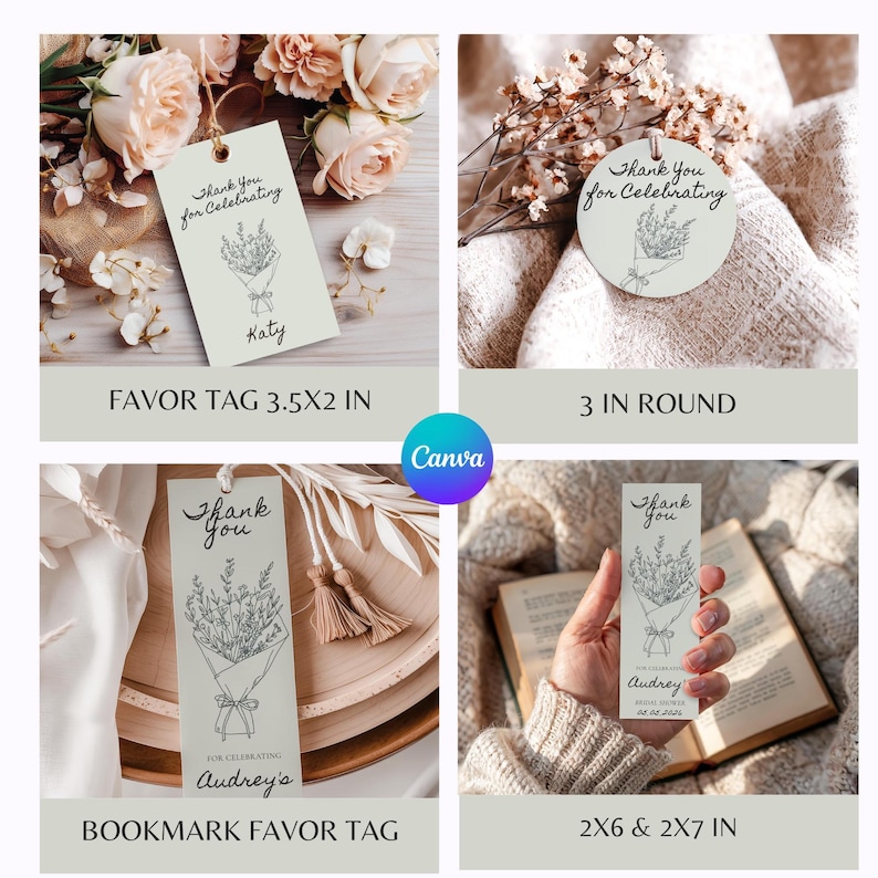 A favor tag and round tag with floral bouquet illustrations and Thank You for Celebrating text.