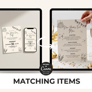 K&ouml;nnte beinhalten: Digitale Mockups von Silvester-Party-Einladungen und Men&uuml;s auf Tablets und einem Smartphone. Die Designs zeigen festliche Illustrationen und den Text "New Year's Eve Party" und "New Year's Eve Menu". Der Satz "Matching Items" wird ebenfalls angezeigt.