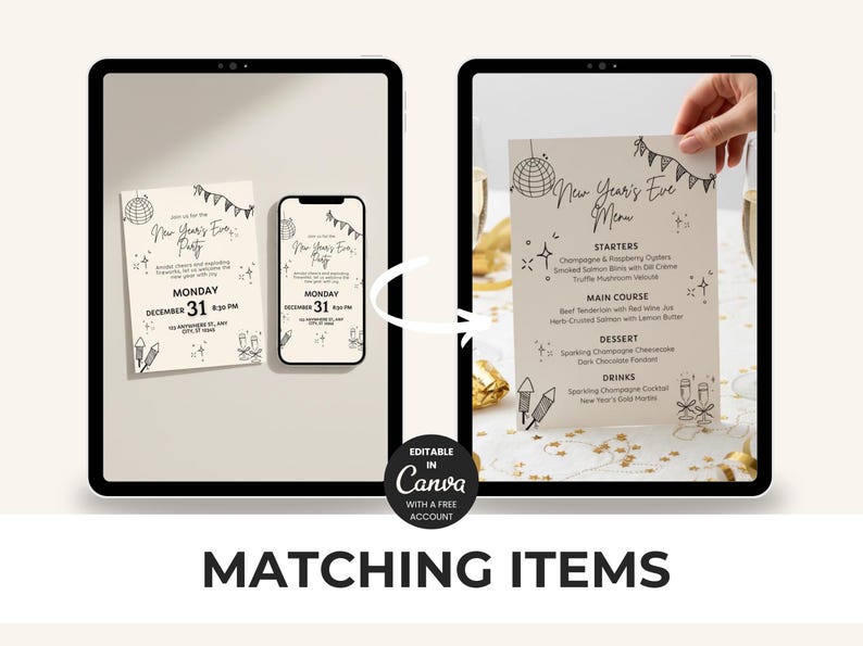 K&ouml;nnte beinhalten: Digitale Mockups von Silvester-Party-Einladungen und Men&uuml;s auf Tablets und einem Smartphone. Die Designs zeigen festliche Illustrationen und den Text "New Year's Eve Party" und "New Year's Eve Menu". Der Satz "Matching Items" wird ebenfalls angezeigt.