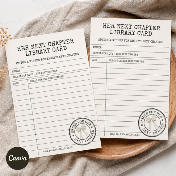 Her Next Chapter Library Card Advice and Wishes for the Bride – Book Themed Bridal Shower, Editable Canva Template 4x6 & 5x7
