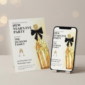 Ring in the new year in style with this New Years Eve invite 2026, a luxury black gold champagne invitation designed for elegant NYE parties, dinner celebrations, and countdown events. This editable Canva invitation template is available as an instant download, so you can customize and share or print your invite in minutes.