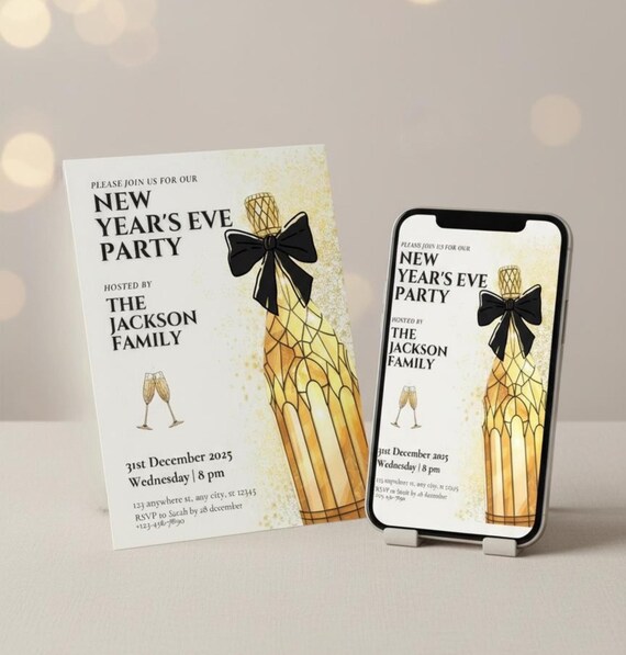 NYE 2026 Invitation Template • New Years Eve Invite • Editable Canva Printable • Black Gold NYE Party Invite 5×7 & 4×9