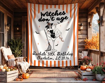 Halloween Birthday Banner, Personalized Witch Birthday Backdrop, Custom Age Halloween Party Sign